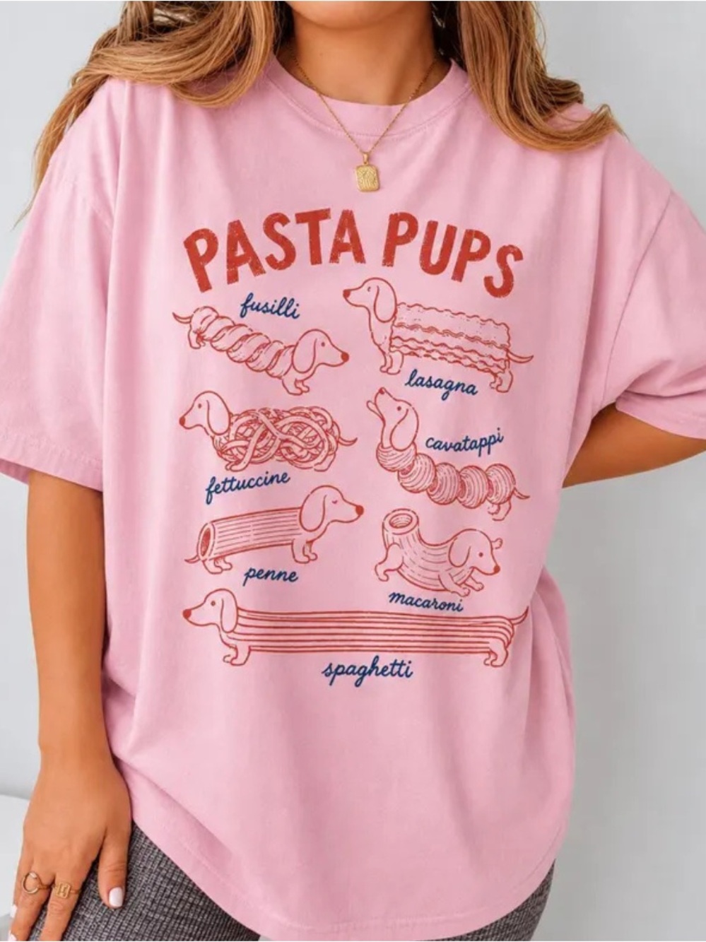 Gildan Pink 'Pasta Pups' Graphic Tee, Vintage Style For Everyday Wear